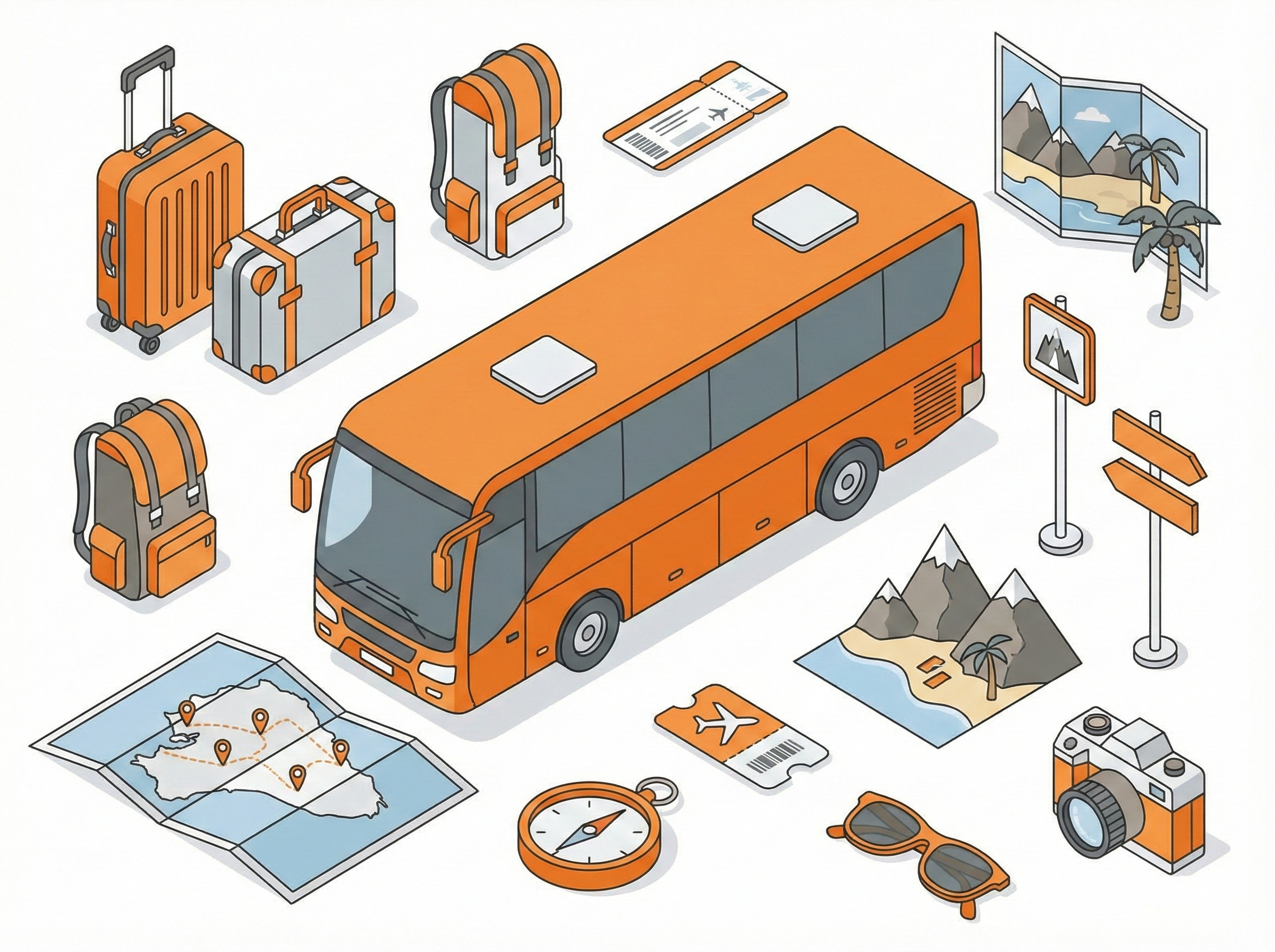 Ilustración de transporte turístico con bus, equipaje y elementos de viaje representando recorridos y destinos en Ecuador.